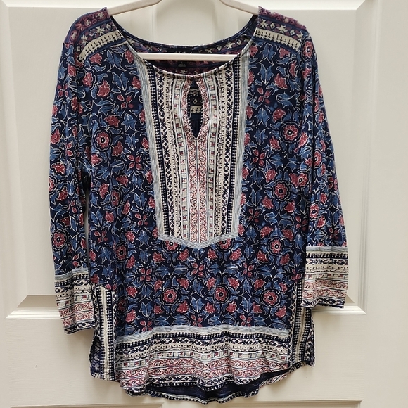 Lucky Brand Woodblock Floral Print Blouse - Blue and Red Size Large - Picture 2 of 9